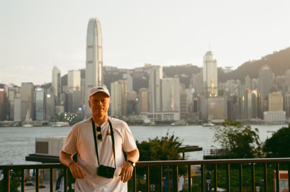 Self portrait against the Hong Kong skyline