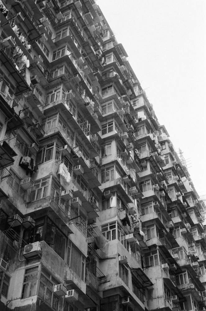Diagonal wall of balconies, black and white